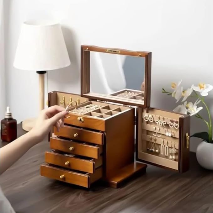 Wooden Jewelry Box for Women, Solid Wood Organizer with Combo Lock for Jewelries, Necklaces, Rings, Vintage Style Storage Box with Mirror (pine wood)