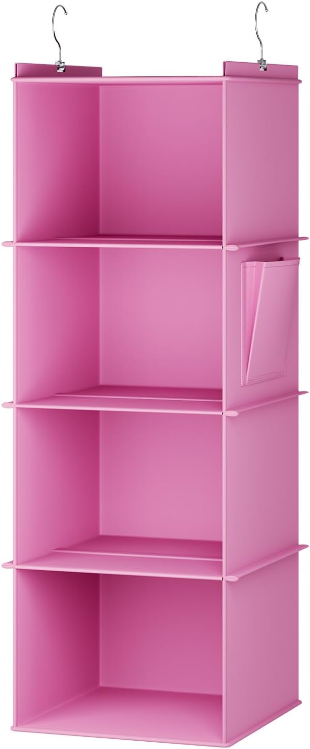 Hanging Closet Organizer, 4-Shelf Closet Hanging Storage Shelves, Light Pink