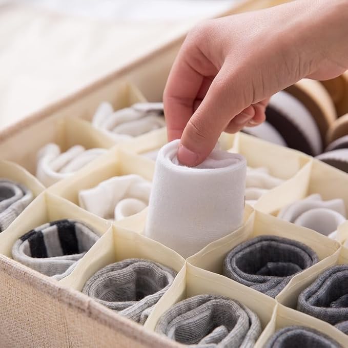 AARAINBOW 2 Packs Underwear Socks Ties Storage Organizer with Lids Foldable Closet Drawer Organizer 60 Cells, Fabric Drawer Wardrobe Divider Storage Boxes for Scarves and Lingerie (30 Cell, 2 Beige)