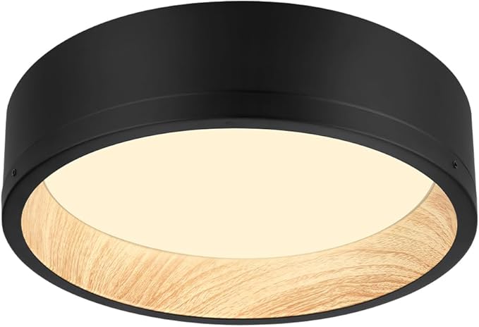 DAKASON LED Flush Mount Ceiling Light Fixture 12.5'' 25W 1500LM, 3000/4000/5000K CCT Selectable, Painted Woodgrain and Black Frame, Dimmable Modern LED Ceiling Light for Kitchen, Hallway, Living Room