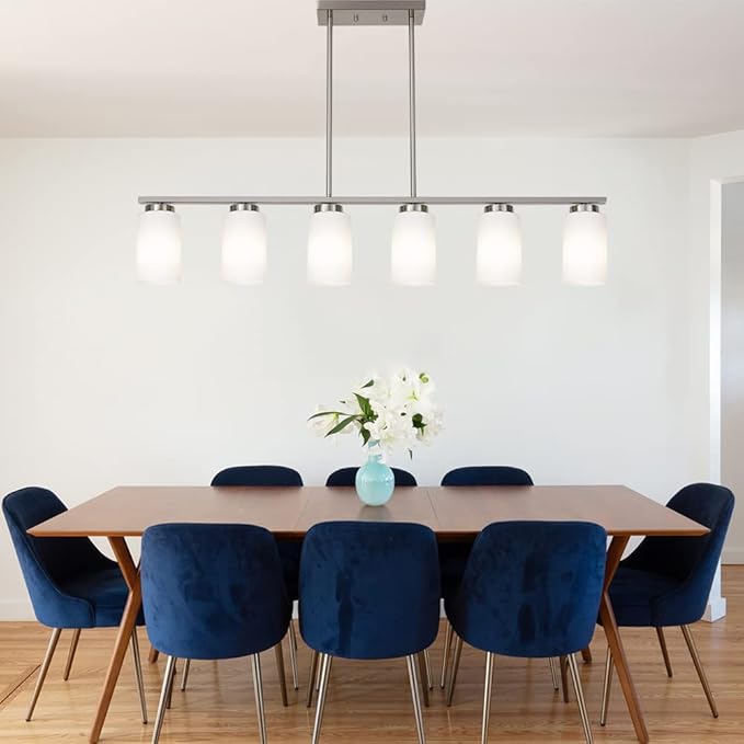 6-Lights Farmhouse Pendant Light Fixture Kitchen Island Lights with Opal White Glass Shade, Hanging Ceiling Light in Brushes Nickel for Dining Room Home Lighting