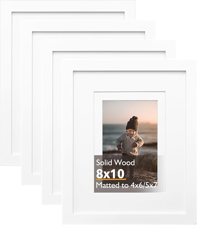 KINLINK 8x10 Picture Frame White, Solid Wood Frames with Acrylic Plexiglass for Pictures 4x6/5x7 with Mat or 8x10 without Mat, Tabletop and Wall Display, Set of 4