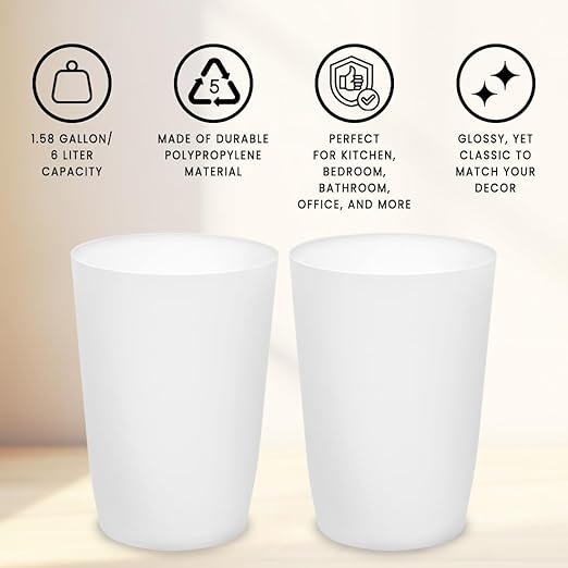 HOLDN’ STORAGE Small Trash Can - Set of 2 Open Top Waste Bin of 1.58 Gallon, Compact Waste Can Perfect for Bathroom, Kitchen, Office, Dorm - Durable Garbage Can - White