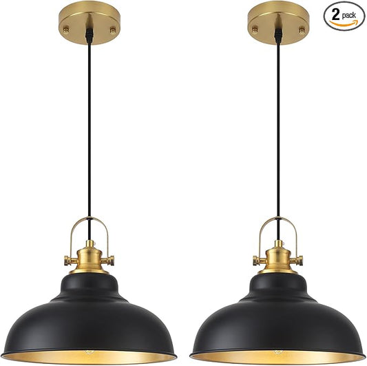 Black and Gold Pendant Light, 11.41 Inch Industrial Pendant Light Kitchen Island, Farmhouse Pendant Lights 2 Packs, Island Pendant Lights for Kitchen, Dining Room, Living Room