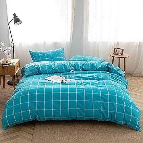 FACE TWO FACE Bedding Duvet Cover Set100% Washed Cotton Duvet Cover Linen Like Textured Breathable Durable Soft Comfy(Twin, Turquoise Grid)