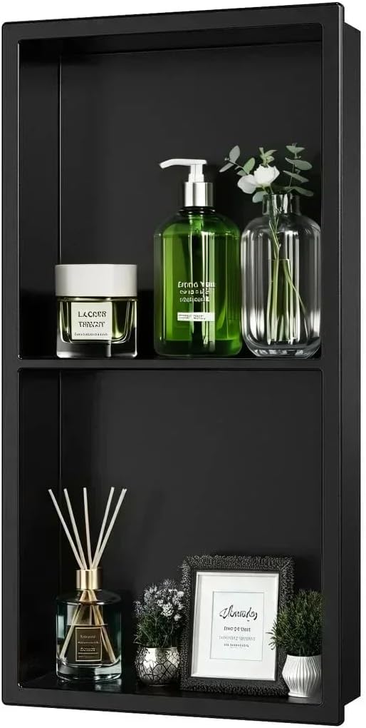 Shower Niche No Tile Needed, 12" X 24"(Inner Size 11"X22.6") Bathroom Niche for Shower Wall, Black Stainless Steel Shower Niche Insert for Bathroom, Recessed 2-Tier Wall Niche Shelf