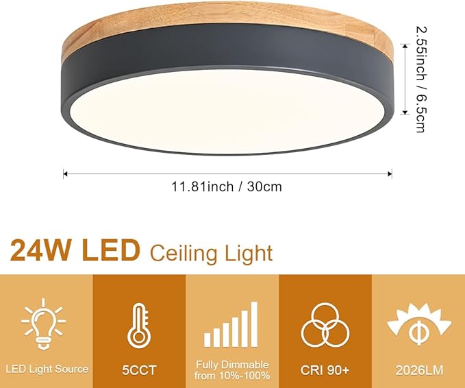 Dimmable Wood LED Ceiling Lights, Modern 2700K-6000K 5CCT Round Grey Flush Mount Lighting Fixture, Minimalist Ceiling Lamp for Bedroom, Kitchen, Hallway, Laundry Room-11.8in