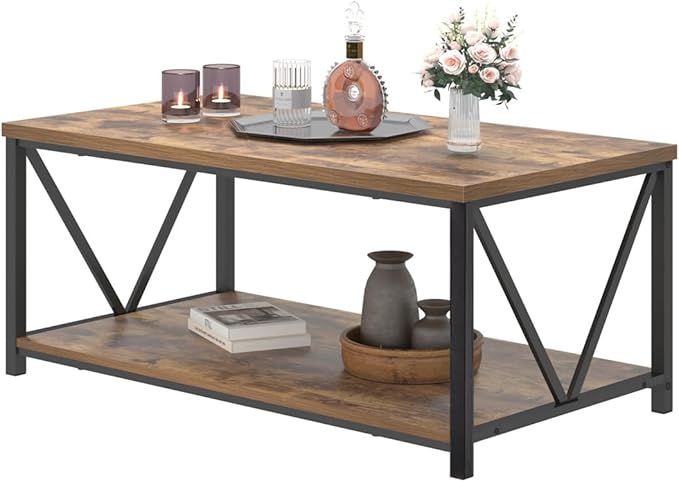 EXCEFUR Modern Coffee Table, Industrial Metal and Wood Living Room Table with Storage Shelf, Rustic Brown