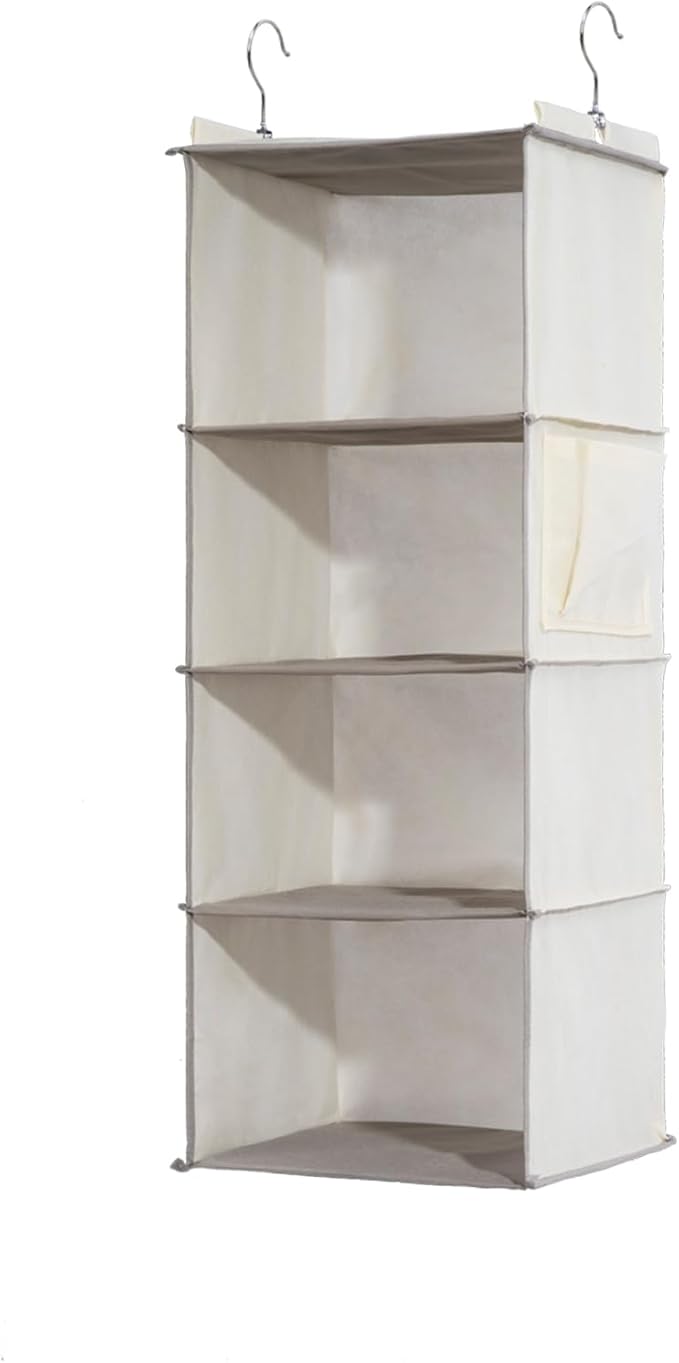 4-Shelf Hanging Closet Organizer and Storage, Collapsible Hanging Shelves for Closet with 2 Side Pockets, Hanging Shoe Organizer to Saving Space,Beige