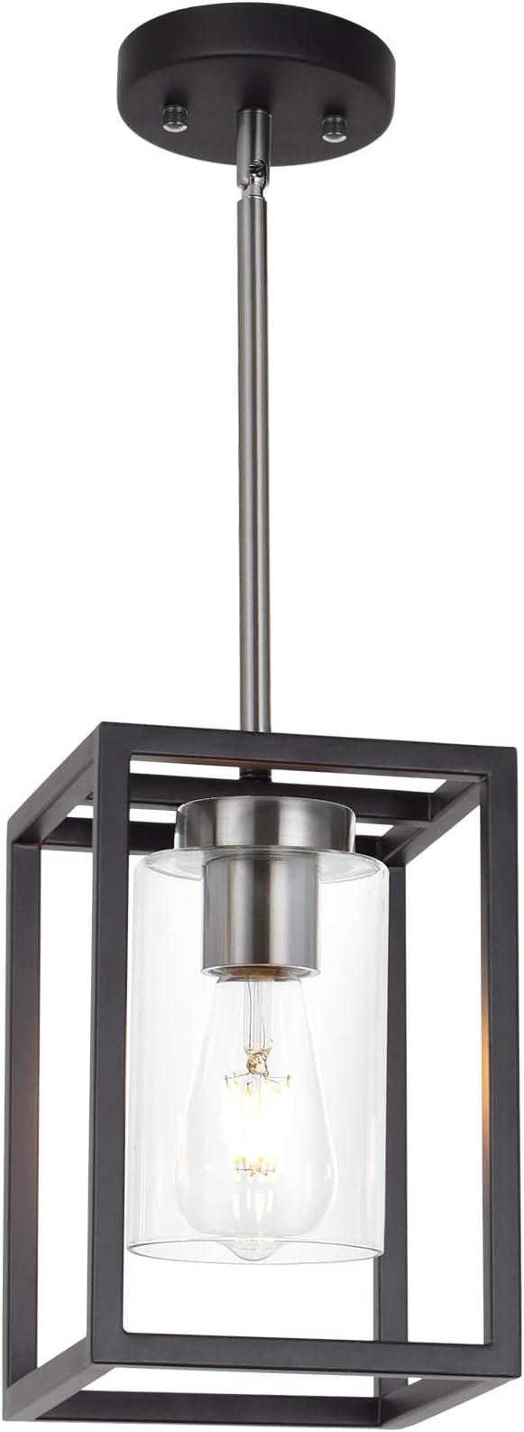 VINLUZ Single 1 Light Black and Brushed Nickel Modern Glass Pendant Light Industrial Modern Metal Chandelier with Clear Glass Shade for Dining Room Kitchen Island Foyer Cafe