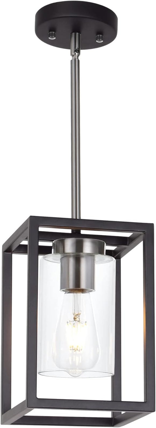 VINLUZ Single 1 Light Black and Brushed Nickel Modern Glass Pendant Light Industrial Modern Metal Chandelier with Clear Glass Shade for Dining Room Kitchen Island Foyer Cafe