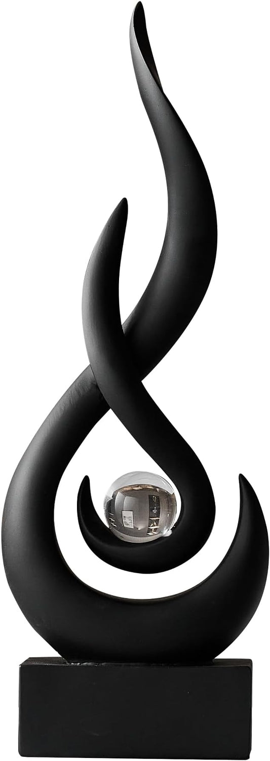 AWNR Abstract Black Sculpture: Flame Statue with Glass Ball Resin Art Figurines - Unique Centerpiece for Modern Home Decor