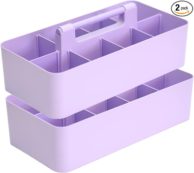 2 PACK Portable DIY 8 Dividers Durable Plastic Tote Tool & Supply Cleaning Caddy with Handle Made In USA (Lavender)