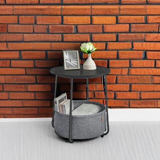 VASAGLE Small Round Side End Table, Modern Nightstand with Fabric Basket, Ebony Black and Slate Gray ULET223B01