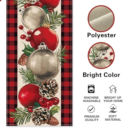 Croar Christmas Balls Dining Table Runner, Xmas Pine Cones Needle Branches Holly Berries Burlap Kitchen Decoration, Winter Holiday Plaid Farmhouse Indoor Outdoor Home Decor Party Supply 13 x 72 Inches