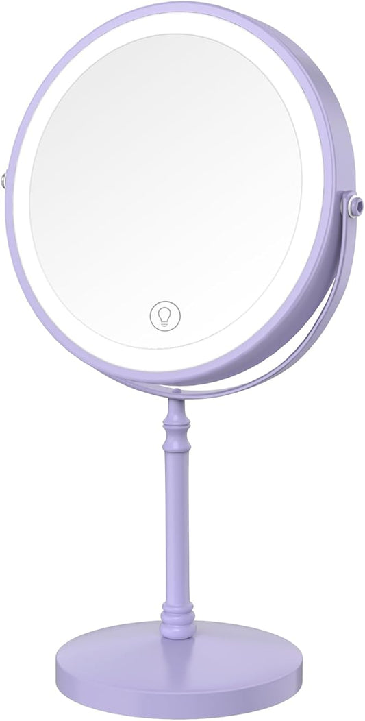 Lighted Makeup Mirror, 3000 mAh Rechargeable Double Sided Magnifying Vanity Mirror with 3 Colors, 1x/10x, 360° Rotation , Brightness Adjustable Magnification Cosmetic Light up Mirror, Women Gift