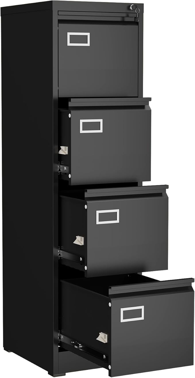 GREATMEET 4 Drawer File Cabinet with Lock, Small Metal File Cabinets for Home Office 4 Drawer, Black Vertical Filing Cabinets for Letter/Legal/A4/F4 Size File,Assembly Require