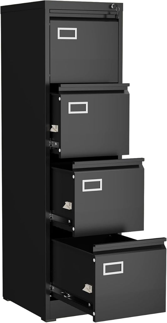 GREATMEET 4 Drawer File Cabinet with Lock, Small Metal File Cabinets for Home Office 4 Drawer, Black Vertical Filing Cabinets for Letter/Legal/A4/F4 Size File,Assembly Require