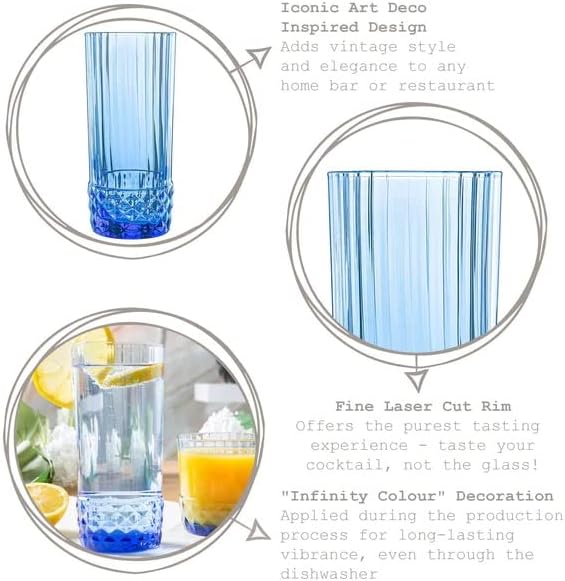 Bormioli Rocco America '20s Set Of 6 Cooler Glasses, 16.5 Oz. Colored Crystal Glass, Sapphire Blue, Made in Italy.