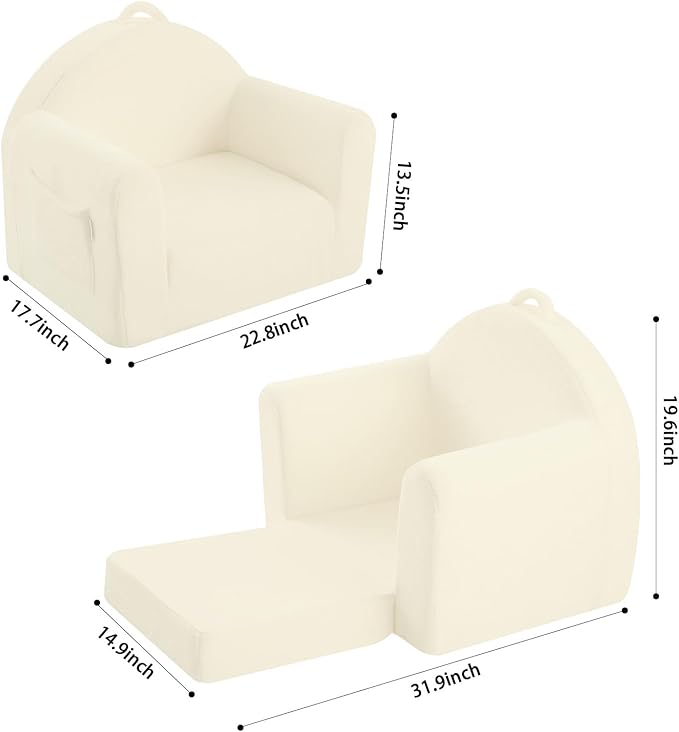MeMoreCool Folding Toddler Chair, Comfy Plush Fold Out Kids Couch Sofa, Convertible Kid Sofa Bed, Flip Out Baby Recliner Foldable Children Sofa for Toddlers 1-4 Girls Boys, Beige