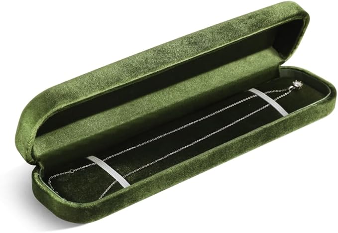 Resilient Velvet Ring Earrings Bracelet Necklace Display Box, Travel Mini Jewelry Organizer Case (Green, Long Chain Box)