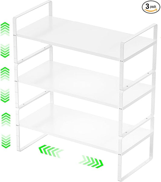‎Expandable Kitchen Cabinet Storage Shelf, Stackable Metal Pantry Storage Shelves Organizer, Adjustable Height Counter Spice Rack for Kitchen Cabinet (White - 16.5"-27" L x 8" W x 9.6" H - 3Pack)
