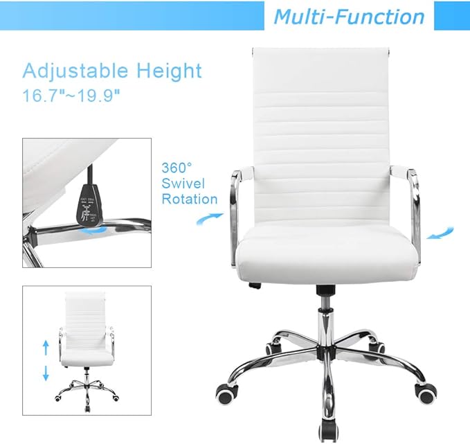 Furmax Ribbed Office Desk Chair Mid-Back PU Leather Executive Conference Task Chair Adjustable Swivel Chair with Arms (White)