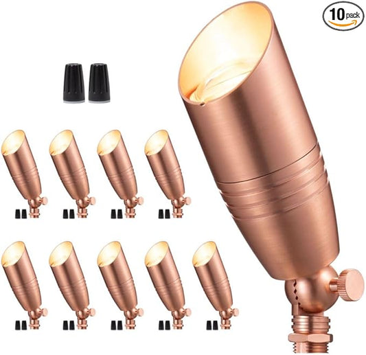 Low Voltage Spotlight LED - 12V Copper Outdoor Light Fixture Weather Proof, Brass Landscape Lights Bullet, Hardwired Coastal for Flag Sign Without Bulbs (10 Pack)