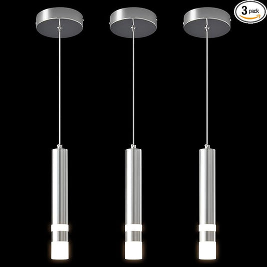 Modern Pendant Light Kitchen Fixture Dimmable LED Chrome Mini Pendant Lighting fo Kitchen Island Bedroom Bedside Table Small Pendant Lights (3-Pack)