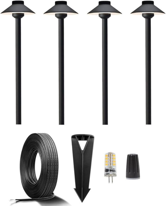 12V Brass Landscape Black Path Lighting Kit (4 Pack Path Lights) with 100 Feet Cable and 20Pack Wire Connectors for Outdoor House Garden Patio Walkway Without Low Voltage Transformer