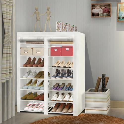 ERONE Shoe Rack Storage Organize, 28 Pairs Portable Double Row with Nonwoven Fabric Cover Shoe Shelf Cabinet for Closet (White)
