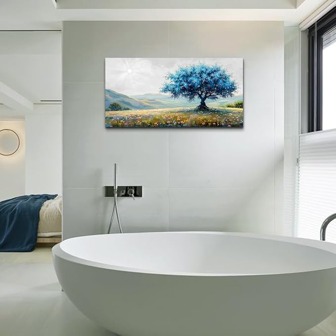 FUHAIHUA Canvas Wall Art For Living Room Modern Wall Decor For Bedroom Office Wall Decoration Pastoral Landscape Painting Blue Tree Pictures Artwork Ready To Hang Room Aesthetic Home Decor 20x40 In