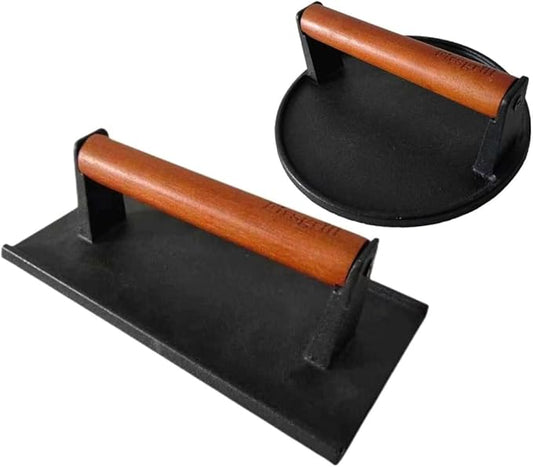 Burger Press 7.08" Round & 8.3”X4.3”Rectangle Heavy-Duty Cast Iron Smash Meat Steak With Wood Handle for Blackstone Camp chef Pitboss Weber Treager Griddle Grills (Round & Rectangle)