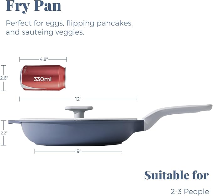 Nonstick Ceramic Frying Pan with Lid, Non Toxic Skillet, Healthy Egg & Omelet & Chef's Pan, PTFE PFOA & PFAS Free, Induction Compatible (12Inch W/L)