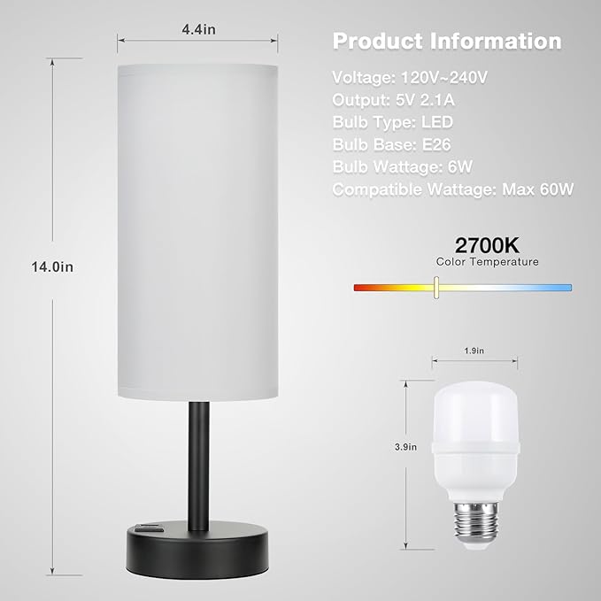 Grey Touch Nightstand Lamps for Girl - Small Bedside Lamp with USB-C and USB Charging Ports, 3 Way Dimmable Control Table Lamp for Living Room Office, Dorm, Reading with Fabric Shade Black Base