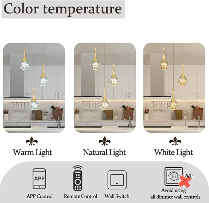 Flashing God 3 Pendant Lights Gold Farmhouse Light Fixtures Kitchen Island Lighting Small Crystal Hanging Chandeliers Modern Ceiling Pendant Light for Dinning Room Bedroom Hallway Bar