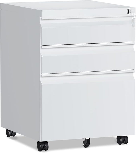 3 Drawer File Cabinet，Mobile Filing Cabinet with Lock and Wheels，Fully Assembled Metal Under Desk File Cabinets for A4/Letter/Legal Size（White