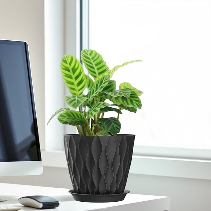 7 Inch Plant Pots Set of 5, Plastic Flower Pots with Drainage Holes and Trays, Planter Pot for Indoor Plants, Decorative Pots for Plants Indoor/Outdoor （Multicolor）