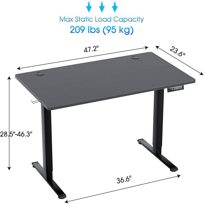PayLessHere 48 Inch Electric Standing Desk Computer with Large Space and Headphone Holder Office Lifting 2 Memory Function for Bedroom Meeting Room,Black