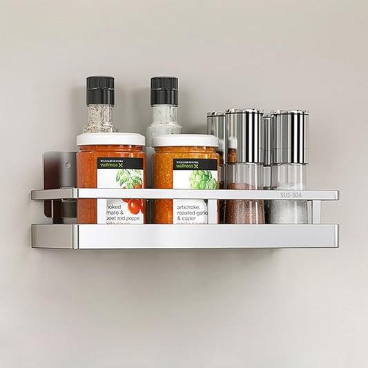 SUS304 Stainless steel Wall Mount Spice Rack Storage Basket - Seasoning Container, Kitchen Spice Organizer -Kitchen Seasoning Hanging Rack - Bathroom Shelf (Silver)