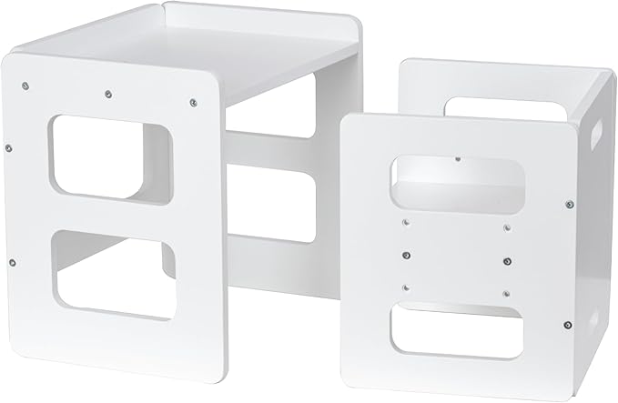 Montessori Weaning Table and Chair Set, Wooden Toddler Table and Chair Set, Adjustable Height Chair Step Stool,1-3 Year Old Kids Montessori Furniture-White