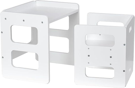 Montessori Weaning Table and Chair Set, Wooden Toddler Table and Chair Set, Adjustable Height Chair Step Stool,1-3 Year Old Kids Montessori Furniture-White