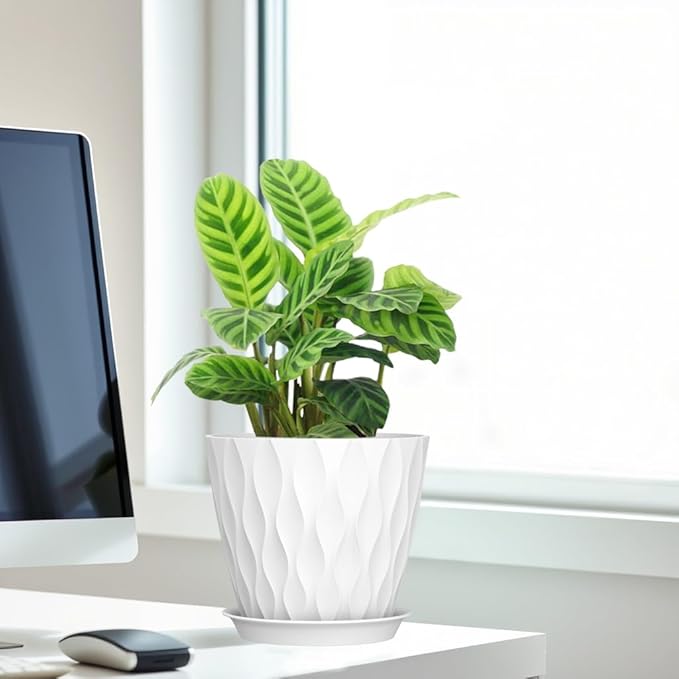 7 Inch Plant Pots 5 Pack, Plastic Flower Pots with Drainage Holes Saucers, Indoor Outdoor Planters for Plants, Lightweight Durable,White