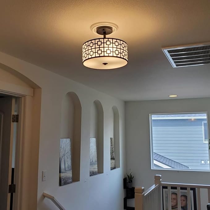 DLLT Flush Mount Ceiling Light: Modern 3-Light Semi Flush Mount Ceiling Light Fixture - Drum Kitchen Lighting Fixture for Dining Room - Black Bedroom Ceiling Lamp with Double Shade
