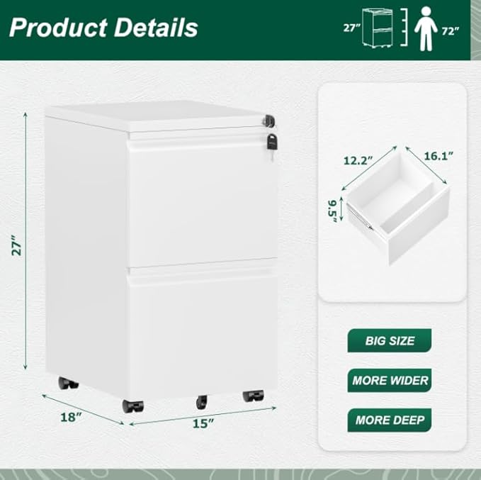 Superday 2 Drawer File Cabinet, Metal Rolling Filing Cabinet with Lock, Small File Cabinets with 2 Drawer, Filing Cabinets for Home Office Fit A4/Letter/Legal, Easy Assemble, White