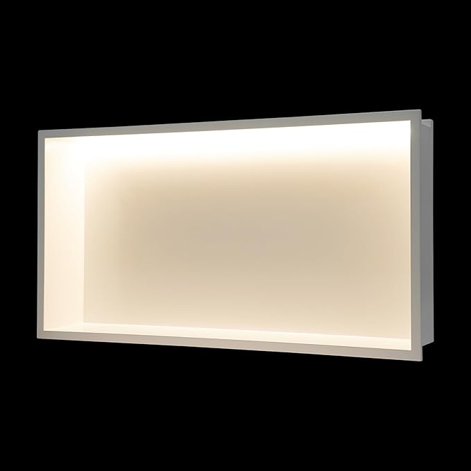 Shower Niche Cabinet, LED Light Shower Ni-Che, 13 x 25 x 4 inch Recessed Wall N-iche with LED Strip, No Tile Need Shower Shelf for Bathroom Recessed Wall Shelf Horizontal Niche, White