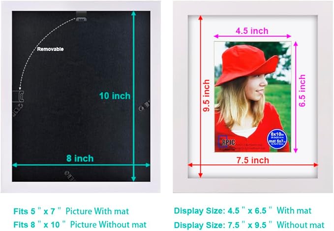 RPJC 8x10 inch Picture Frame Made of Solid Wood and High Definition Glass Display Pictures 5x7 with Mat or 8x10 Without Mat for Wall Mounting Photo Frame White