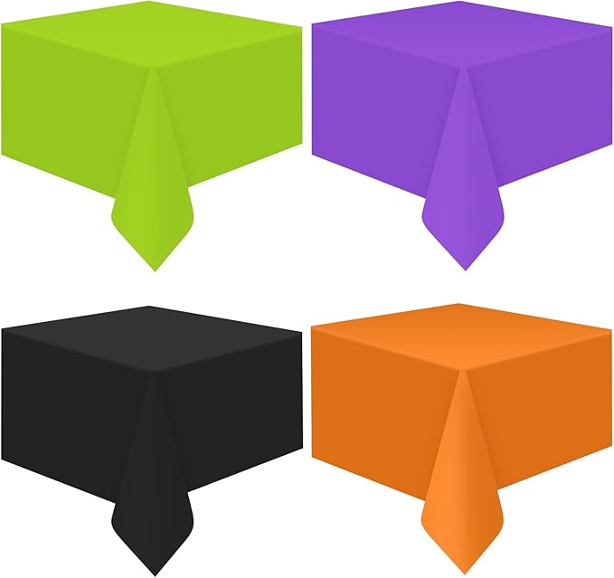 MASHAN 4Pcs Halloween Tablecloth Plastic Orange Black Purple Green Table Cloths Disposable Rectangle Table Covers for Halloween Theme Kids Birthday Witch Vampire Party Decorations, 54 x 108 Inch