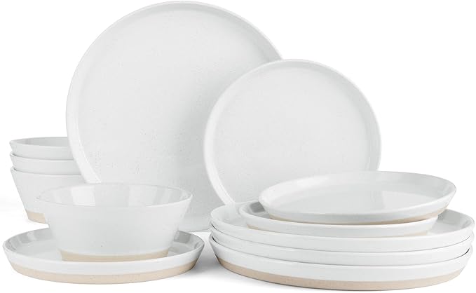 Famiware Saturn Speckled Dinnerware Sets for 4 (12 Pieces), Stoneware Plates and Bowls Dish Set - Chip and Scratch Resistant, Microwave and Dishwasher Safe, White