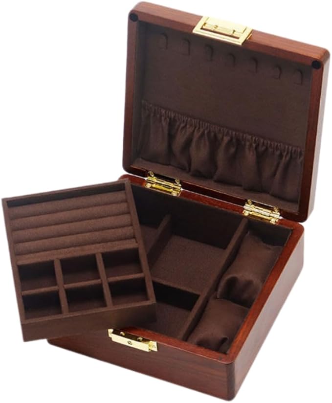 Bescott 2 Layer Solid Wooden Jewelry Box with Lock and Key for Women Men Vintage Velvet Wood Jewelry Organizer Storage for Earrings Rings Necklaces Bracelet Watch Mother’s Day Gift